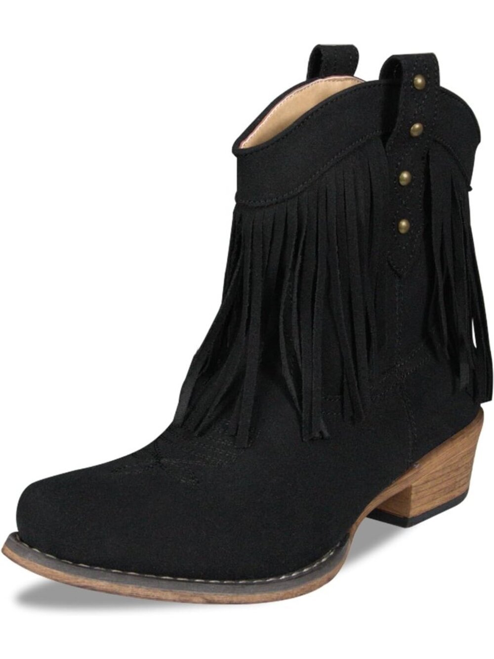 Women Black Suede Ankle Western Cowgirl Mid Calf Pointed Toe Short Chunky Boots